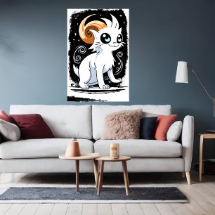 Poster Gato branco de desenho animado Arte AI