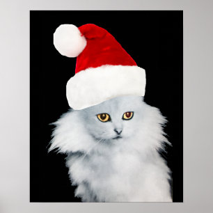 POSTER GATO BRANCO DE NATAL COM CHAPÉU DE PAPAI NOEL