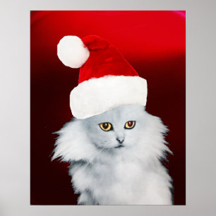 Pôster GATO BRANCO DE NATAL COM CHAPÉU DE PAPAI NOEL , Ru