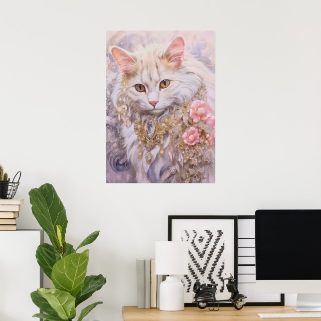 Poster Gato Branco Elegante em Dourado e Ouros (Escritório em casa)