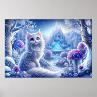Poster Gato Branco Elegante em um Realm Mágico de Neve
