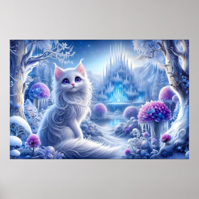 Poster Gato Branco Elegante em um Realm Mágico de Neve (Frente)