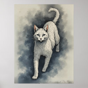 Poster Gato Branco em Estilo de Desenho a Tinta Chinesa