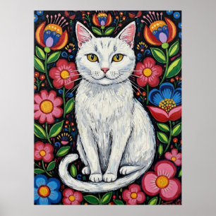 Poster Gato Branco em Flores Coloridas da Arte Popular