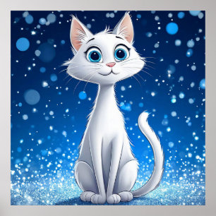 Poster Gato Branco Encantador com Olhos Azuis Grandes