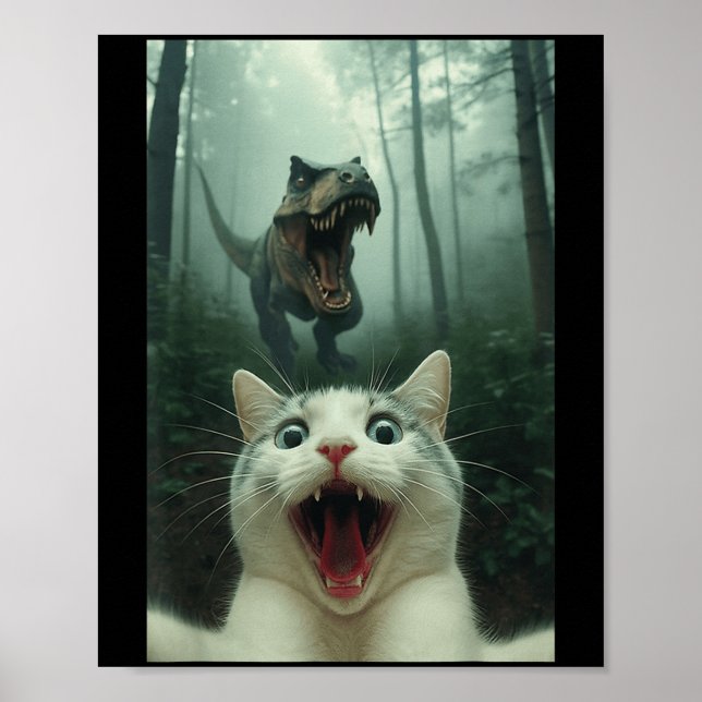 Poster Gato Branco Engraçado Selfie Com Dinossauro T-rex, (Frente)