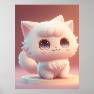 Poster Gato Branco Fluffy, Bonito Olho Grande