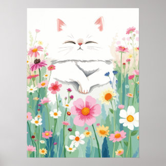 Poster Gato branco fluffy em prado de flor silvestre, flo