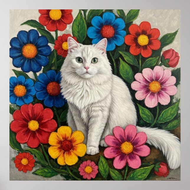 Poster Gato Branco Fofinho e Flores da Arte Popular (Frente)