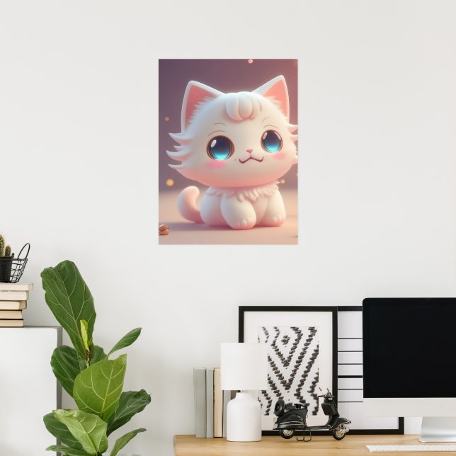 Poster Gato Branco Fofo Kawaii Adorável (Escritório em casa)