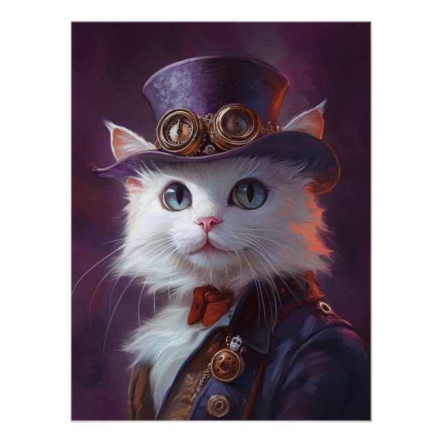 Pôster Gato Branco na fantasia Steampunk (Frente)
