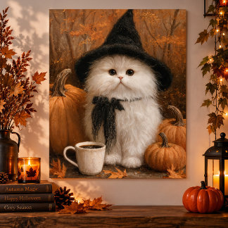 Poster Gato Bruxa Branco de Halloween Fofo com Xícara de
