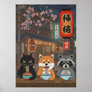 Poster Gato cachorro guaxinim Arte de Ramen Japonês Macar