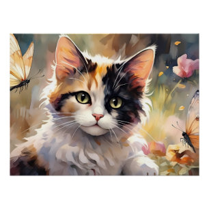 Pôster Gato Calico e Borboletas no Jardim de Primavera