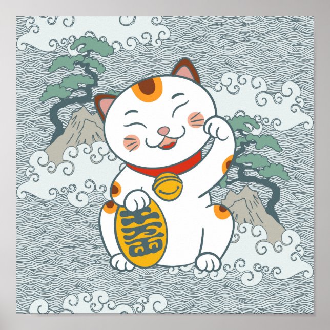 Poster Gato Calico Japonês Sortudo | Maneki Neko Pata Esq (Frente)