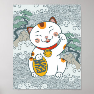 Poster Gato Calico Japonês Sortudo Maneki Neko Pata Esq