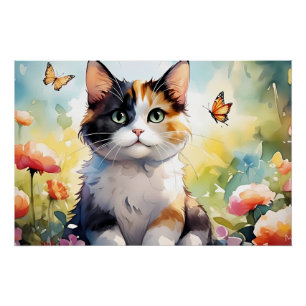 Pôster Gato Calico no Jardim de Primavera com Borboletas
