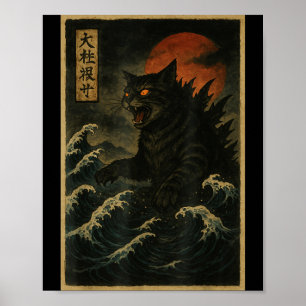 Poster Gato Catzilla Arte Japonês Gato Engraçado Para Hom