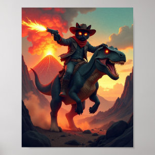 Poster Gato Caubói Épico Montando Dinossauro Ficção Cie