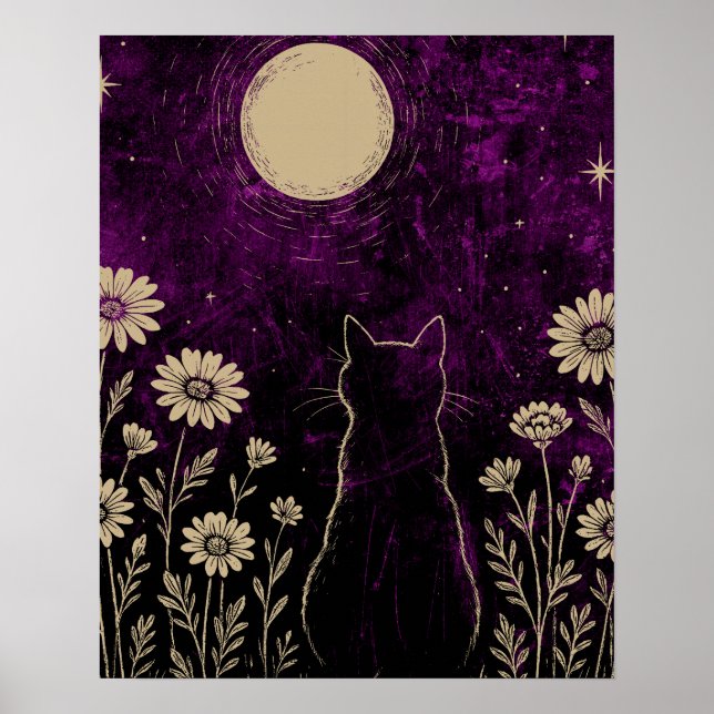 Poster Gato Celestial Floral Roxo (Frente)