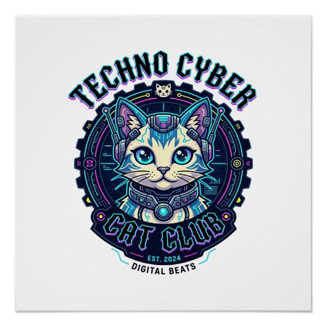 Pôster Gato Cibernético Techno Design Divertido Amante de (Frente)