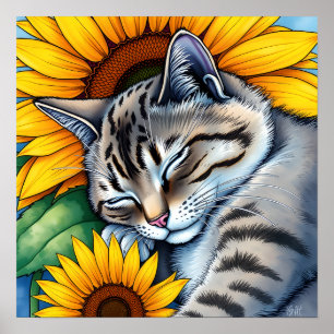 Poster Gato Cinza Doce Adormecido e Girassol
