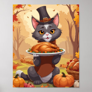 Poster Gato cinza segurando peru de ação de graças
