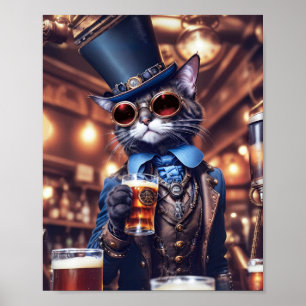 Poster Gato cinza steampunk com cartola, óculos, cerveja