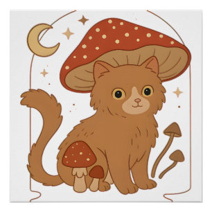 Pôster Gato Cogumelo Cottagecore com Chapéu � Estética Vi