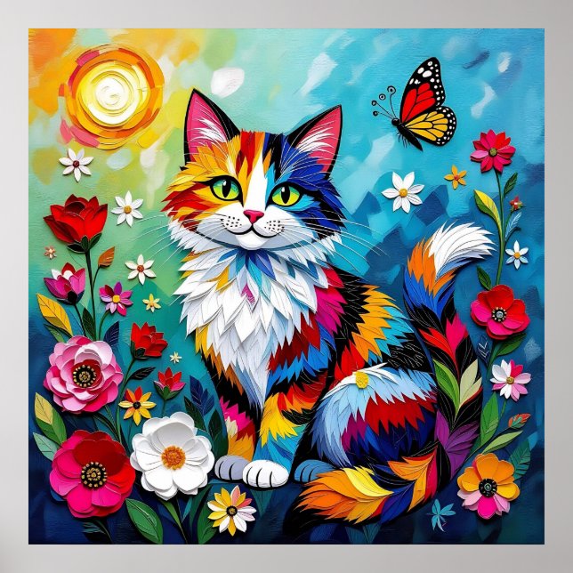 Poster Gato Colorido e Borboleta (Frente)