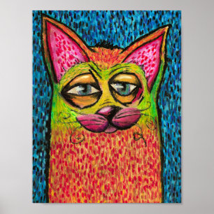 Poster Gato Colorido no Óleo Pastel Brilhante Cores Feliz