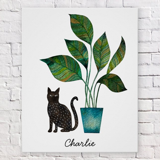 Pôster Gato com Aquarela Vegetal Personalizada (Cat with Houseplant personalized watercolor poster)
