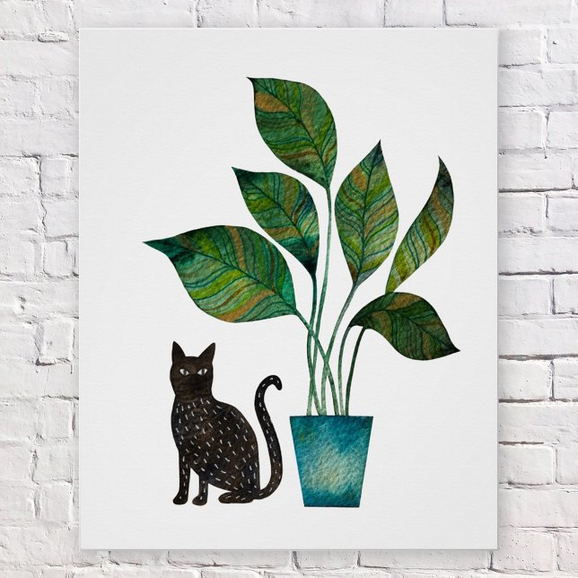 Pôster Gato com Aquarela Vegetal Potente (Black cat with houseplant watercolor poster)