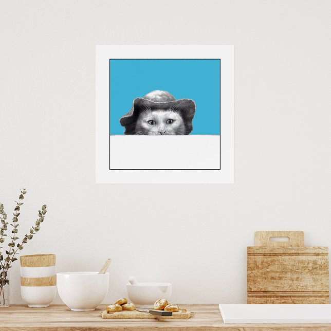 Poster Gato com Chapéu (Azul da Velha Escola) (Cozinha)