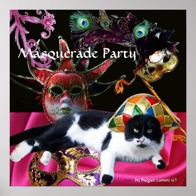 POSTER GATO COM CHAPÉU DE ARLEQUIM E MÁSCARAS DE BAILE DE (Frente)