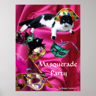 PÔSTER GATO COM CHAPÉU DE ARLEQUIM E MÁSCARAS DE BAILE DE