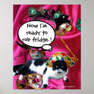 POSTER GATO COM CHAPÉU DE ARLEQUIM E MÁSCARAS DE BAILE DE