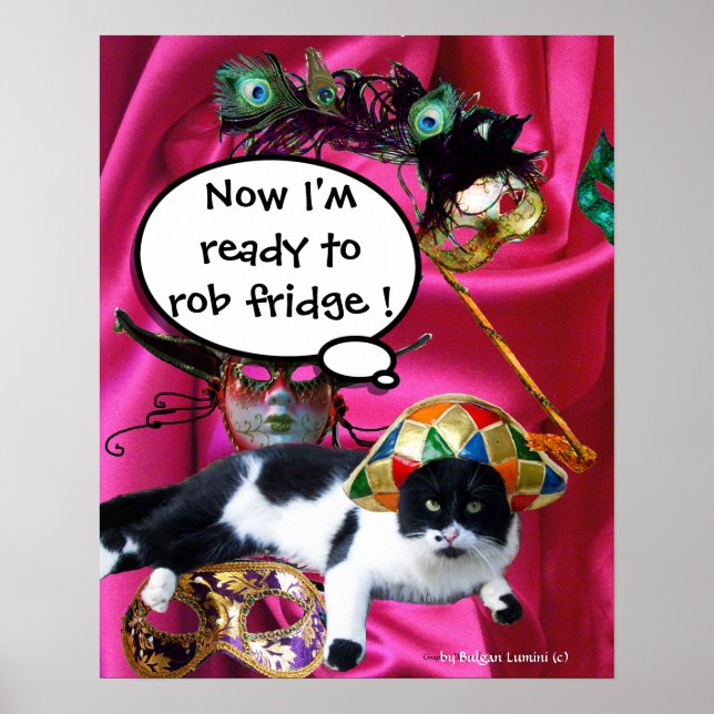 POSTER GATO COM CHAPÉU DE ARLEQUIM E MÁSCARAS DE BAILE DE (Frente)
