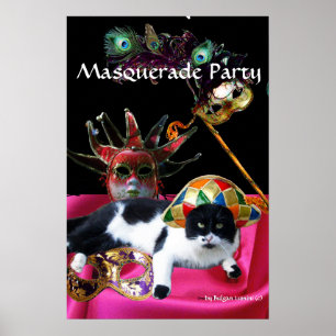 PÔSTER GATO COM CHAPÉU DE ARLEQUIM E MÁSCARAS DE BAILE DE