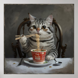 Poster Gato com Gato Lançado, Gozando De Noodles De Taça