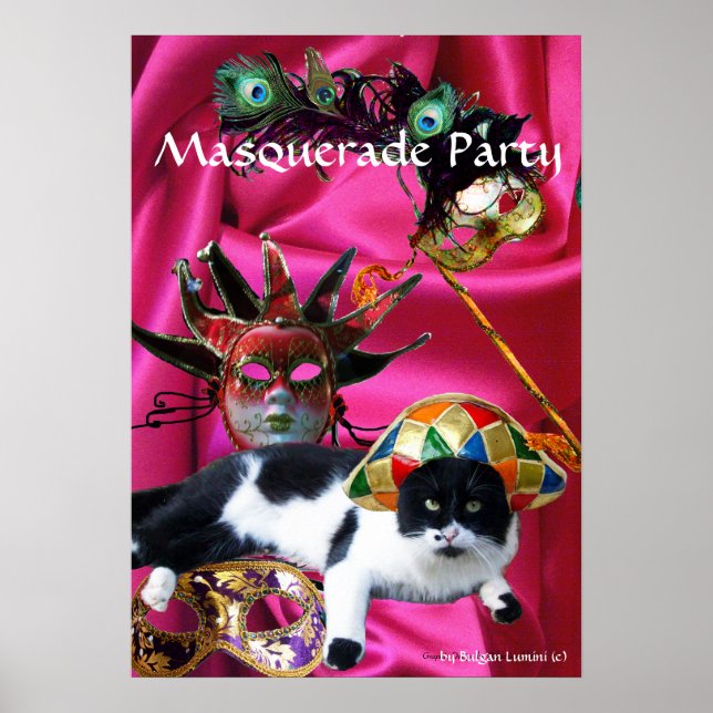PÔSTER GATO COM HARLEQUIN HAT E MÁSCARAS DE MASCARADA (Frente)