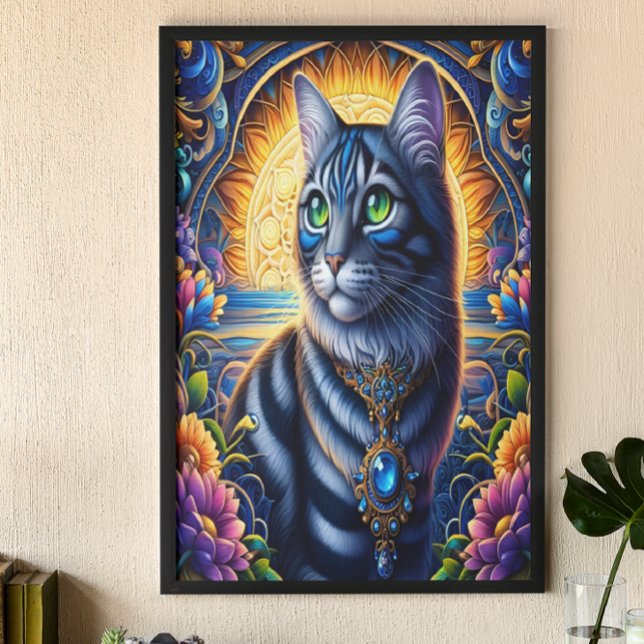 Poster Gato com joias num jardim de fantasia vibrante (Criador carregado)
