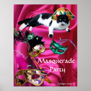 PÔSTER GATO COM MÁSCARAS DE CHAPÉU E MASCARADA