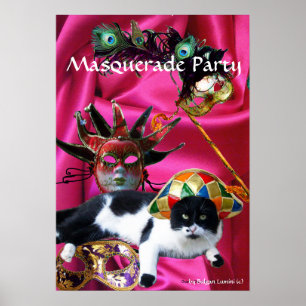PÔSTER GATO COM MÁSCARAS DE CHAPÉU E MASCARADA