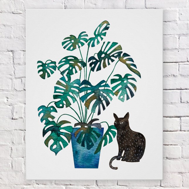 Pôster Gato com Monstera Plant Watercolor (Black cat with monstera swiss cheese plant watercolor poster)