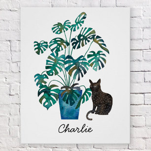 Pôster Gato com Monstera Plant Watercolor Personalizado