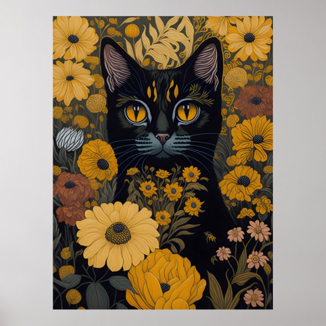 Poster Gato com olhos grandes diante das flores #2 (Frente)