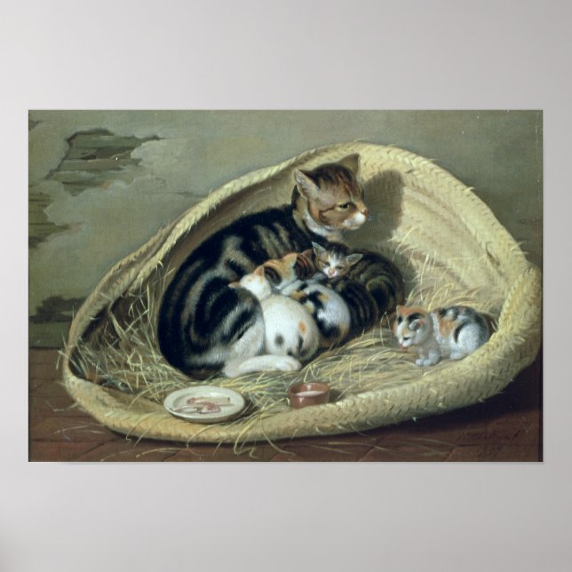Pôster Gato com seus gatinhos em uma cesta, 1797 (Frente)