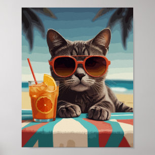 Poster Gato com suco de laranja na praia