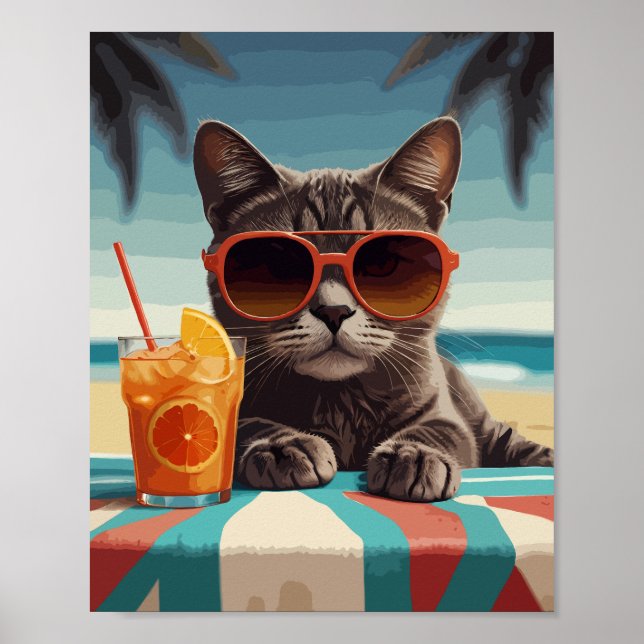 Poster Gato com suco de laranja na praia (Frente)